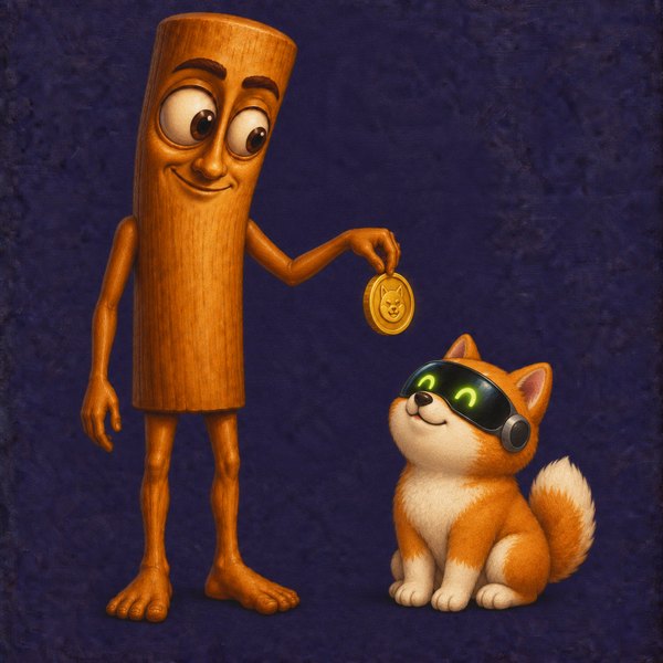 Tung handing a gold coin to the Artificial Inu